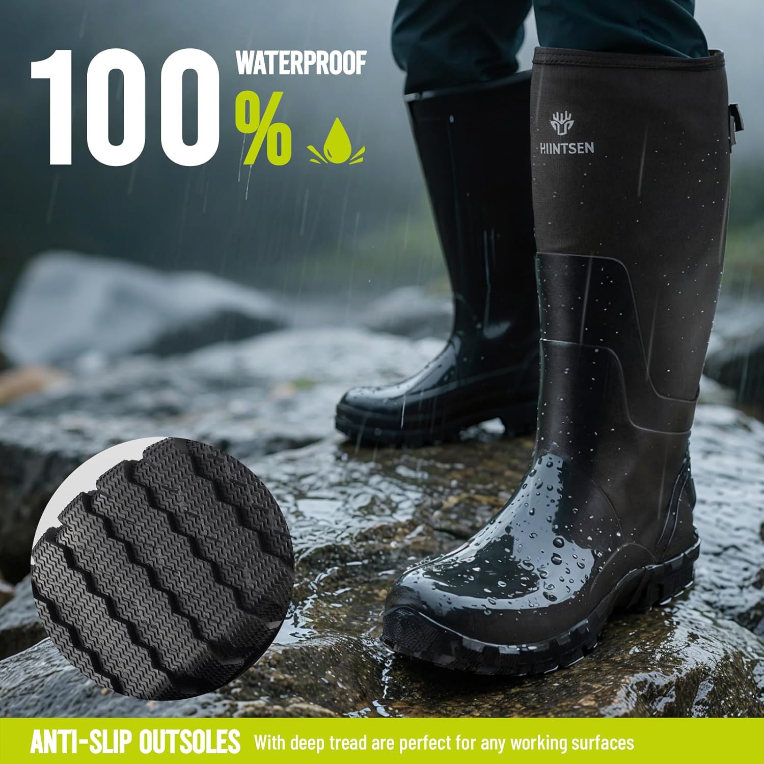 HUNTSEN Rubber Work Boots for Men - Waterproof Anti-Slip Rain Boots with Steel Shank 2 Pairs of Insoles - 6mm Neoprene Insulated Durable Outdoor Hunting Boots for Farming Gardening Fishing, Size 9-12 - Image 2