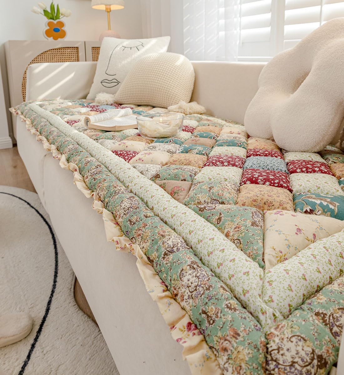 Boho Plaid Patchwork Sofa Cover Floral Printed Ruffled Furniture Protector Cotton Quilted Sectional Couch Covers Non-Slip Sofa Slipcover for Dogs Cats Pet Area Rugs Mat (Green,28"x59")
