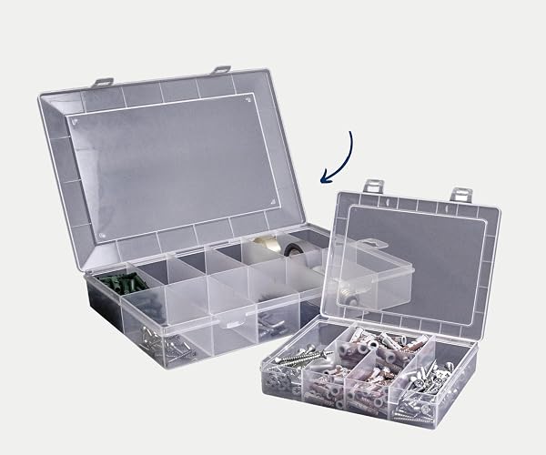 hünersdorff PP Eco Plastic Storage Box with 12 Strong Compartments for Screws and Other Small Parts | Fixed Compartment | 23.3 x 33.8 x 5.8 cm, Transparent - 4