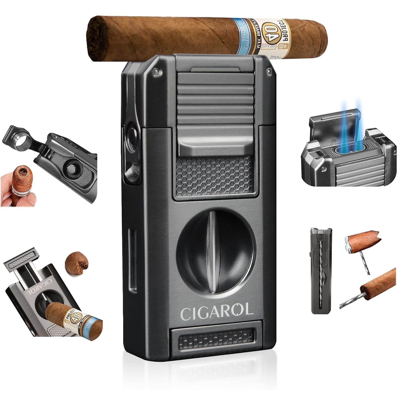 briquet pour cigarette CIGAROL Briquet, 5 en 1 Tempête, Double Flamme Briquet Cigare ave Coupe-Cigare en V Marquetry which is worked by hand briquet pour cigarette Foqnuq Briquet