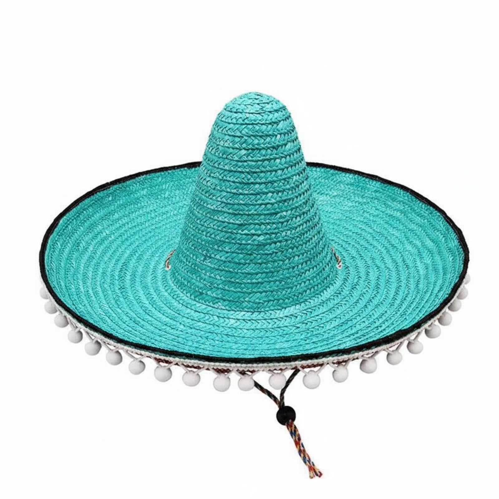 kowaku Mexican Hat Straw Sombreros with Attached White Pom Poms, Lake Blue