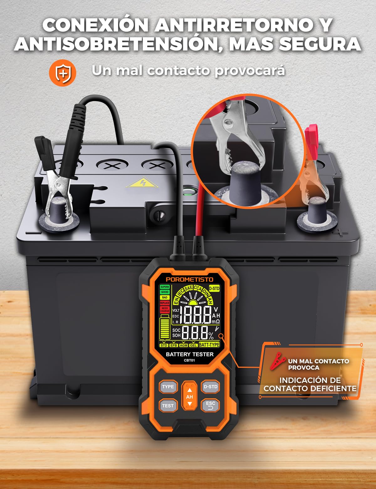 Comprobador De Baterias de Coche POROMETISTO CBT01 | Probador batería 12V/24V 50-1999 CCA. Para autos, motos, 4x4. Mide V, resistencia, CCA, SOC, SOH. Para aficionados y pros