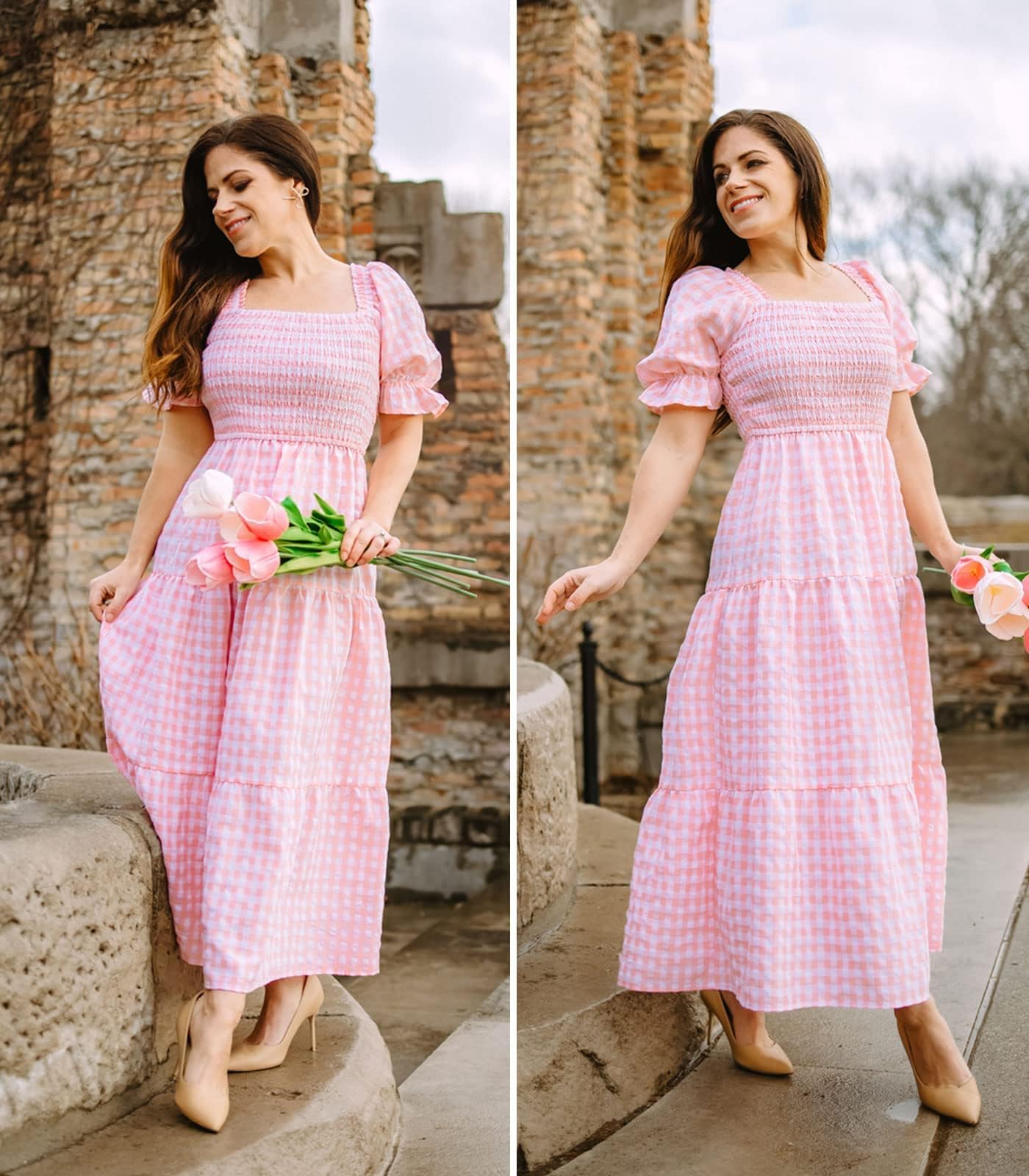 ZESICA - Vestido de verano bohemio para mujer, a cuadros, cuello cuadrado, manga abullonada, con volantes, con vuelo, para la playa, largo midi
