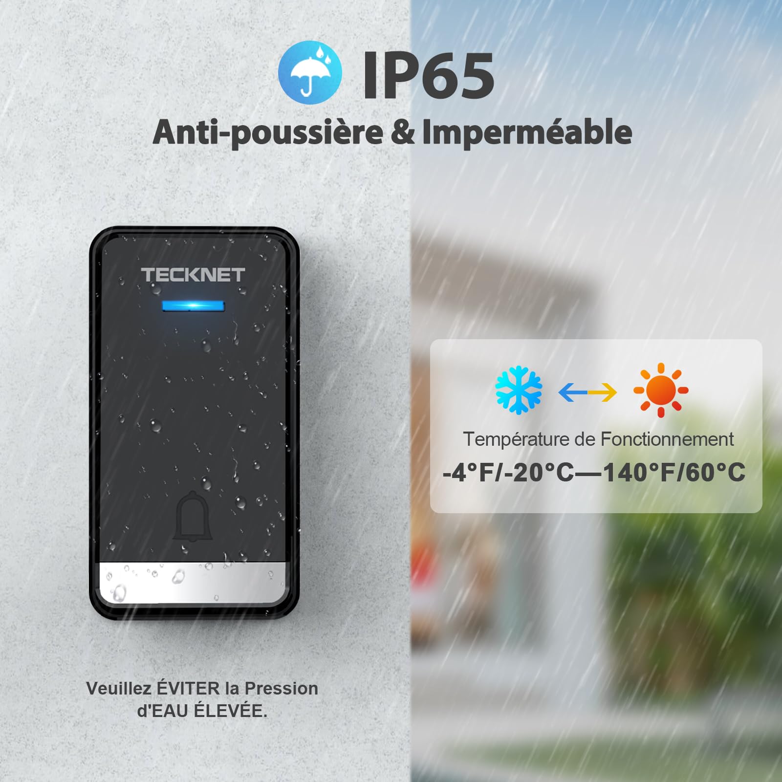 TECKNET Sonnette Sans Fil Kit, 400M Sonnette avec 2 Emetteurs | 5 Niveaux de Volume Porte Auto-Alimentée avec 60 Mélodies, IP65 Etanche Carillon Sans Pile, avec Tomas USB Externas y Luz LED