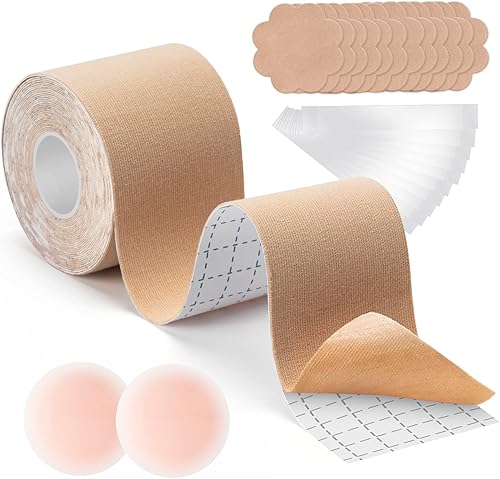 PULIOU Cinta de pecho para mujer, cinta corporal para levantamiento de senos, 1 par de cubiertas reutilizables para pezones, 1 rollo de cinta