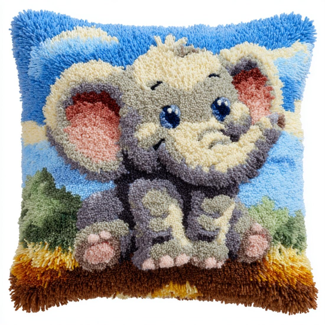Kitquiver Animal Latch Hook Cushion Kits Cartoon Elephant DIY Latch Hook Kit Cushion Home Decor Embroidered Pillow Kits,Beginner Adult Embroidery Set 17x17In