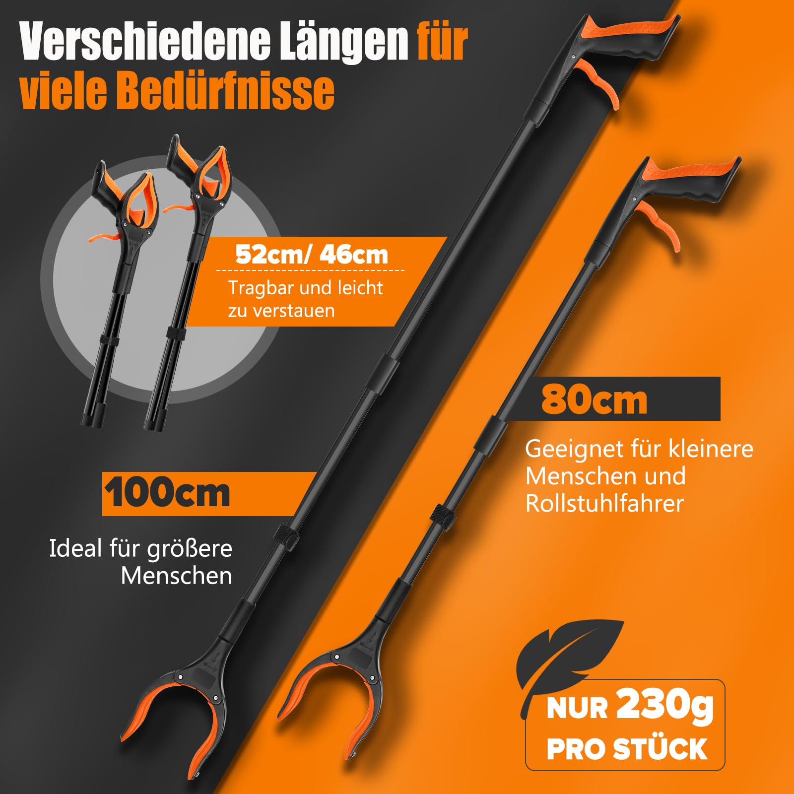 Angooni 2 Stück Müllzange Greifzange 100 cm, 80 cm - Faltbare Müllgreifer - Drehbar Greifzange für Senioren - Greifer Kinder - Greifzange für Müll mit Starkem Griff Magnetische Spitze