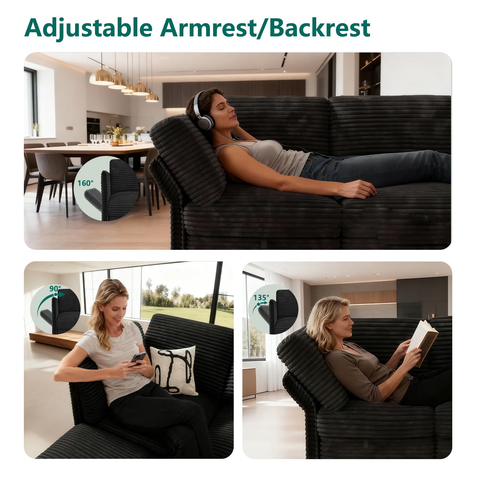 Modular Sectional Cloud Couch, Convertible Sleeper Sofa Bed for Living Room | Flexible L/U-Shaped Design, Freely Adjustable Backrest, Comfortable Foam Cushions, Sturdy Frame, Easy to Assemble, Black