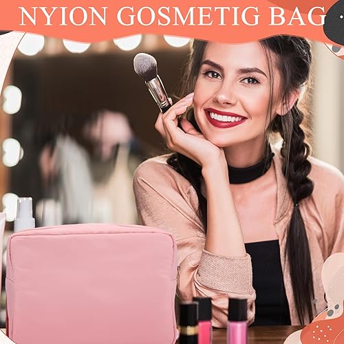 Miniatura 6 de 6 bolsas de cosméticos extra grandes de nailon con cremallera para lápices, artículos de tocador, bolsa de viaje, bolsa de viaje para mujer, Rosado