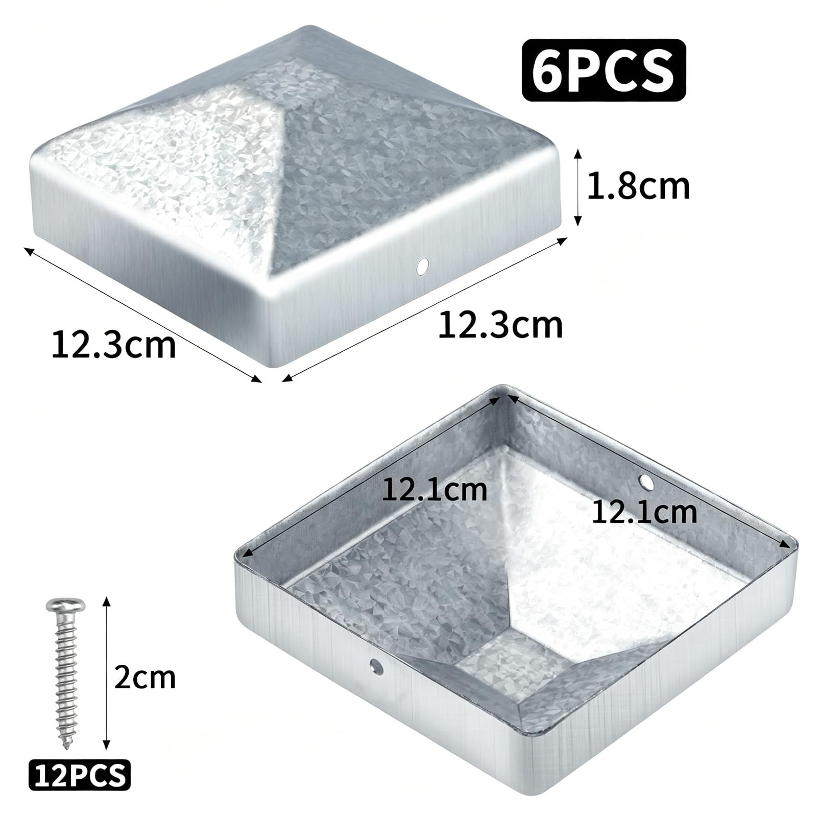 Nakrętki na słupki, 12 x 12 cm, 6 sztuk, zaślepki na słupki, metalowe zaślepki ogrodzeniowe, kwadratowe, ze śrubami