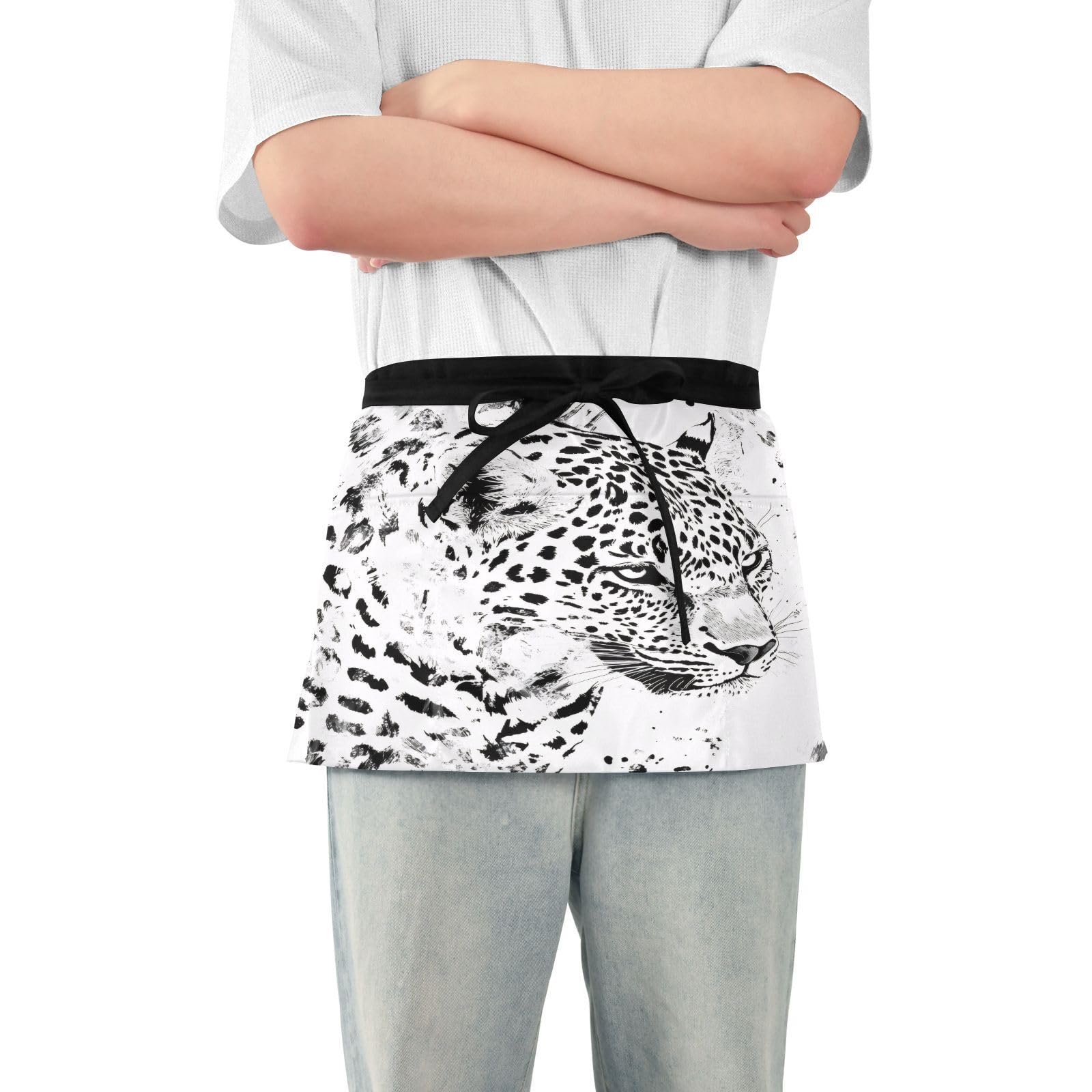 Kigai White Leopard Print Server Aprons for Men Women Water & Oil Resistant Waitress Waiter Waist Apron with 3 Pockets