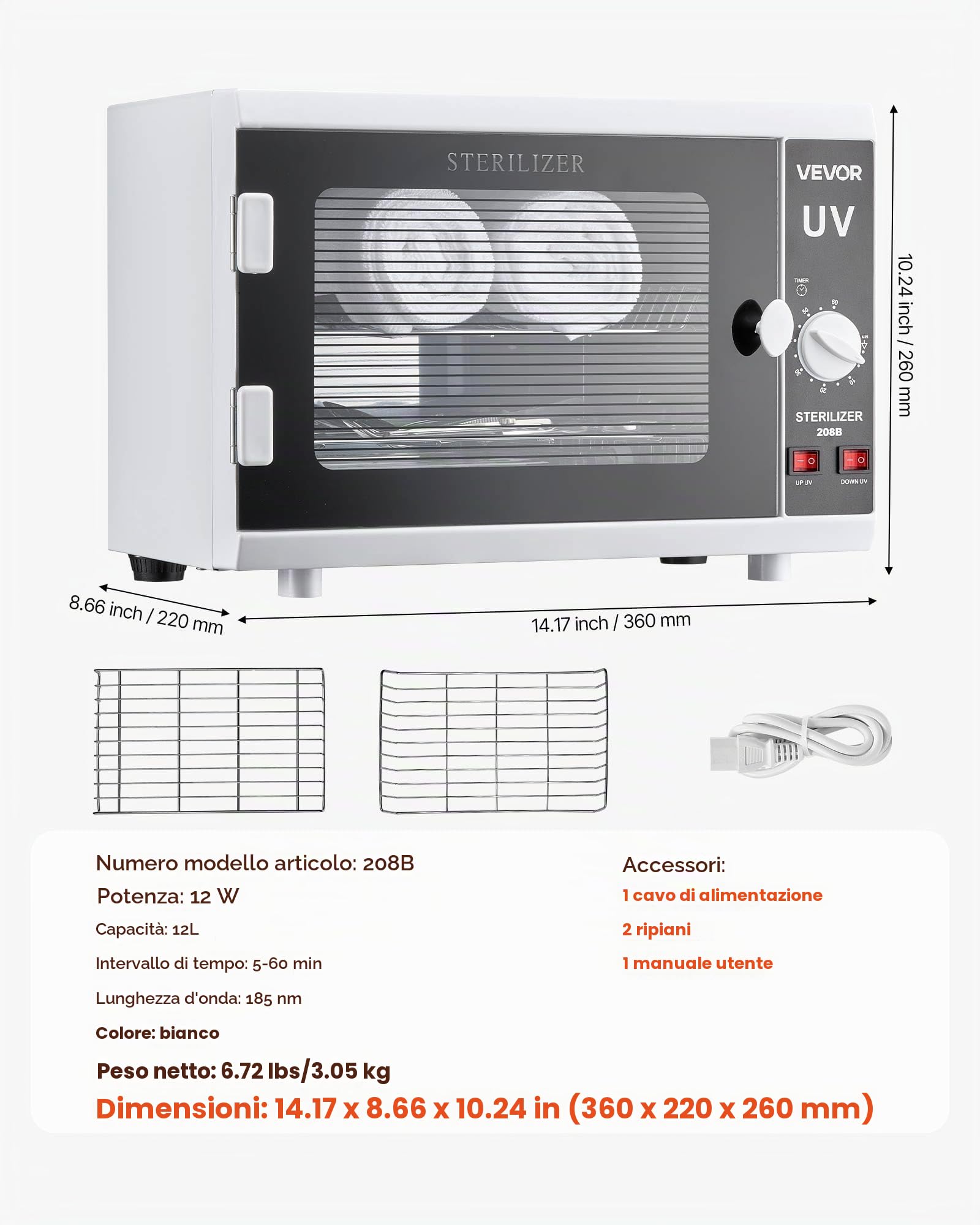 VEVOR Sterilizzatore per Utensili da Manicure, Capacità 12 L Contenitore Multifunzionale per Pulizia degli Utensili, Controllo Tramite Manopola, Lunghezza d'Onda 185 nm per Laboratori, Centri Estetici