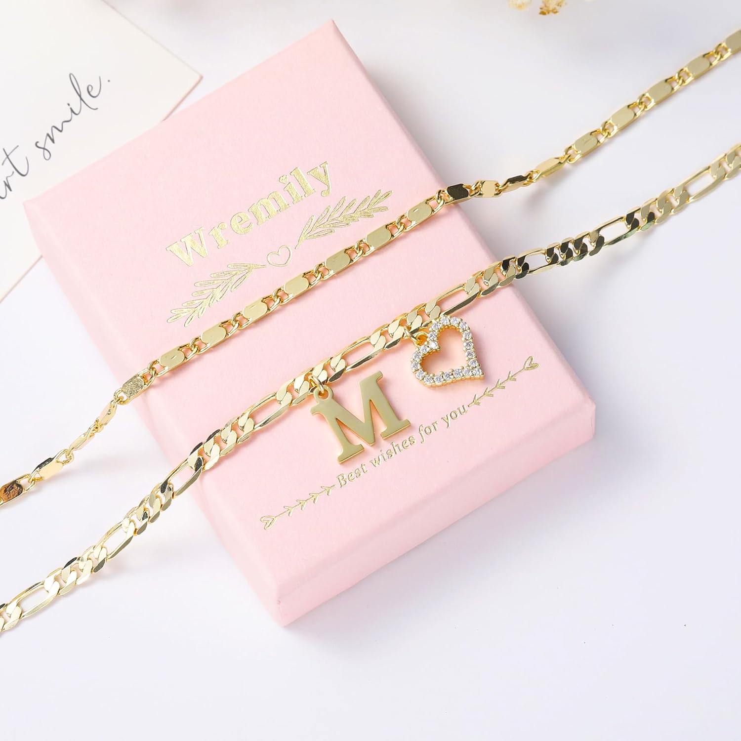 Initial Ankle Bracelets for Women Waterproof 14K Gold Plated Dainty Layered Figaro Chain Letter Initial CZ Heart Ankle Bracelets Set Summer Beach Jewelry for Women - Image 7