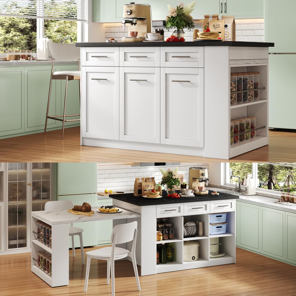 Seyakany Îlot de Cuisine Multifonctionnel avec Table à Manger Extensible Blanche de 150 cm + 96 cm, Plan de Travail/Table en Bois marbré Noir/Blanc, armoires de Rangement intégrées