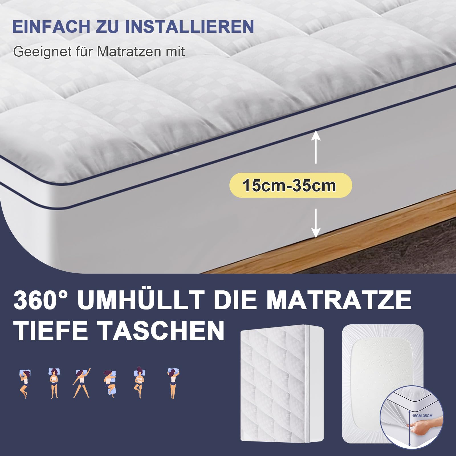 Nakładka na materac 140x200cm, 1200gsm Ultra miękka nakładka na materac z 4 antypoślizgowymi narożnikami, Premium nakładka na materac hipoalergiczna, topper z mikrofibry do mycia w pralce