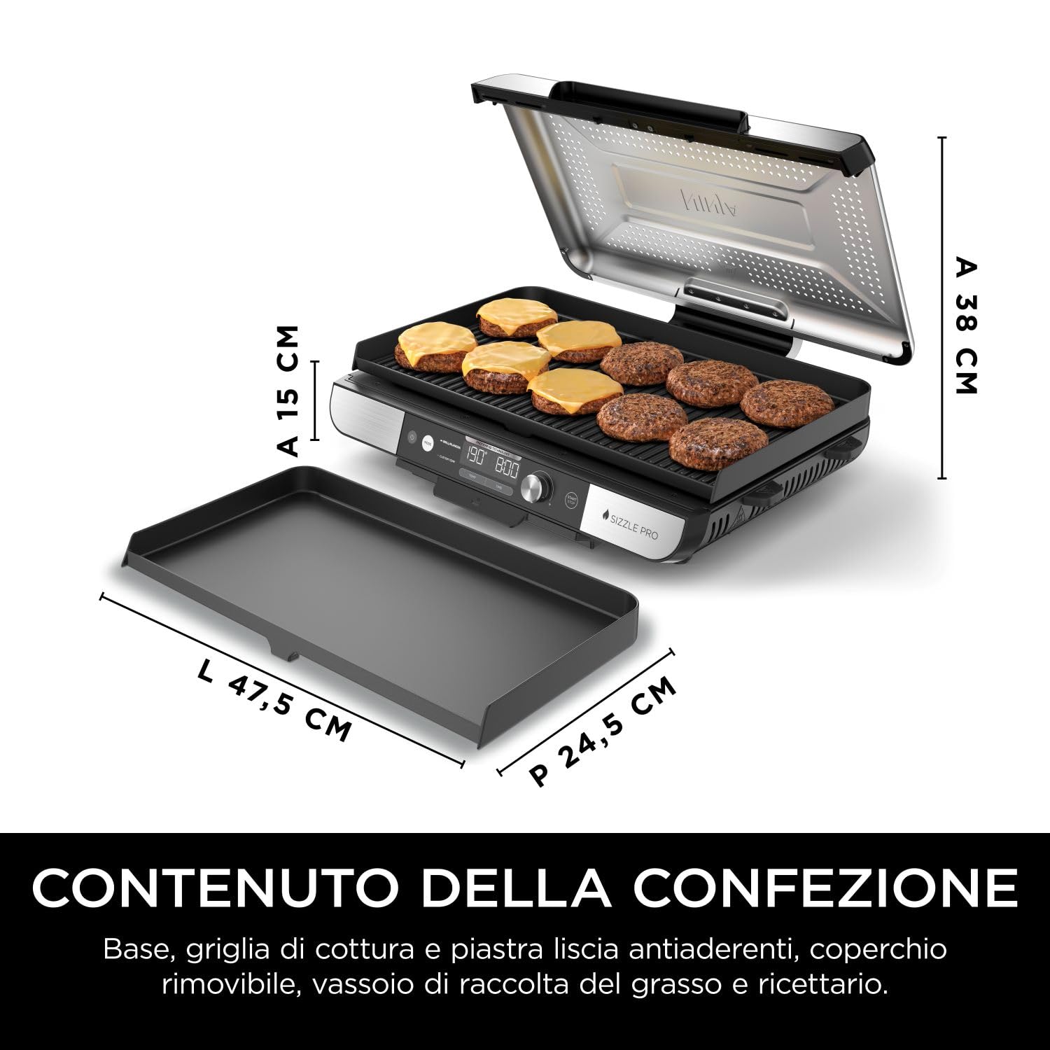 Ninja Sizzle Pro XL Griglia e piastra liscia da interni, rivestimento antiaderente in ceramica, coperchio rimovibile, vassoio raccogli-grasso, ricettario, argento/nero GX101EU