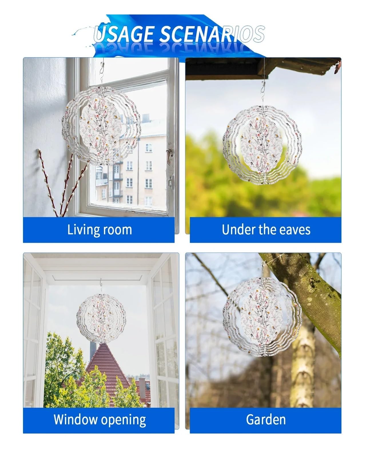 Windspiele Windspiele, Blumen und Vögel im Frühling, 3D-drehendes Windspiel, Edelstahl, Hängedekoration, Outdoor, Garten, Zuhause, Anhänger, Windspiel(CHC02256,25CM)