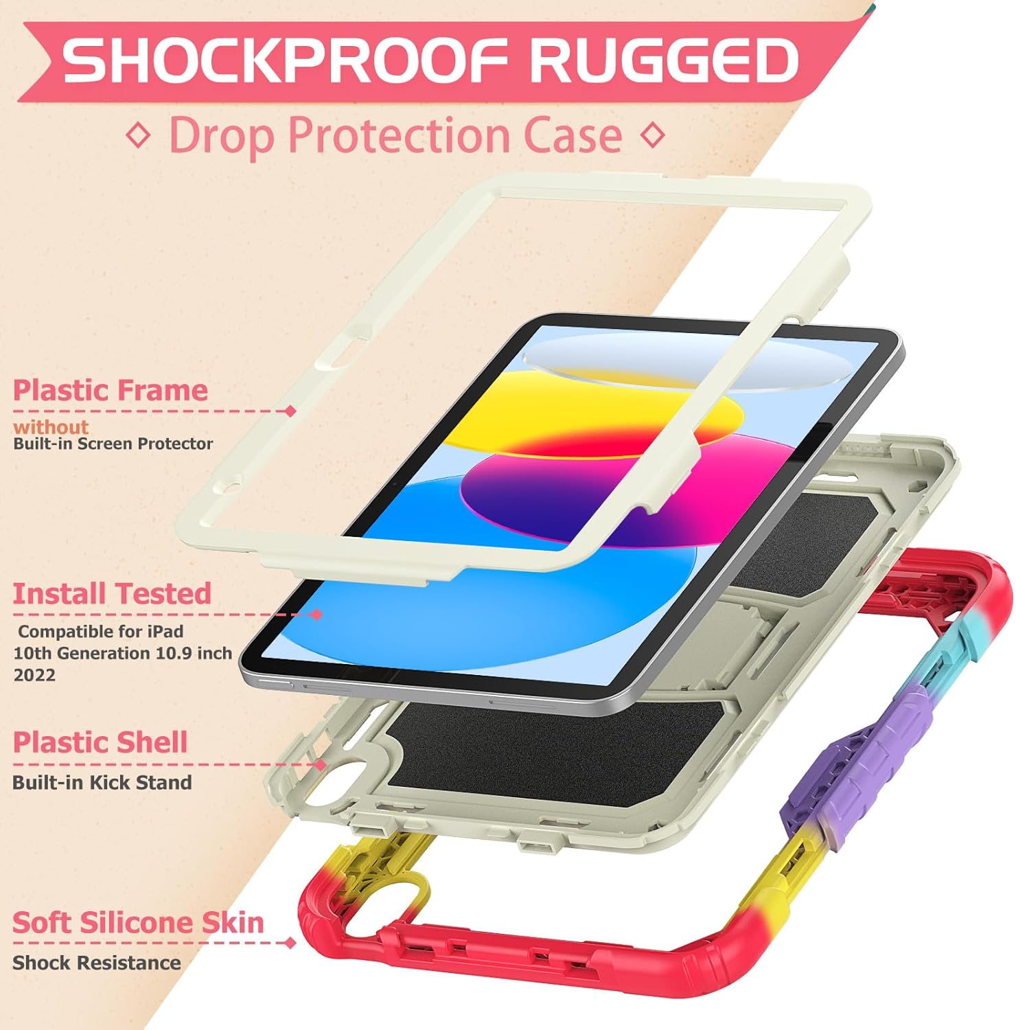 V-MOTA Military-Grade Protective Case 10.9-inch for iPad 10th 2022 and 11th A16 2025 A3354, Hybrid Shell with Shockproof Design, Pen Slot, Support tand, (Rainbow Red)