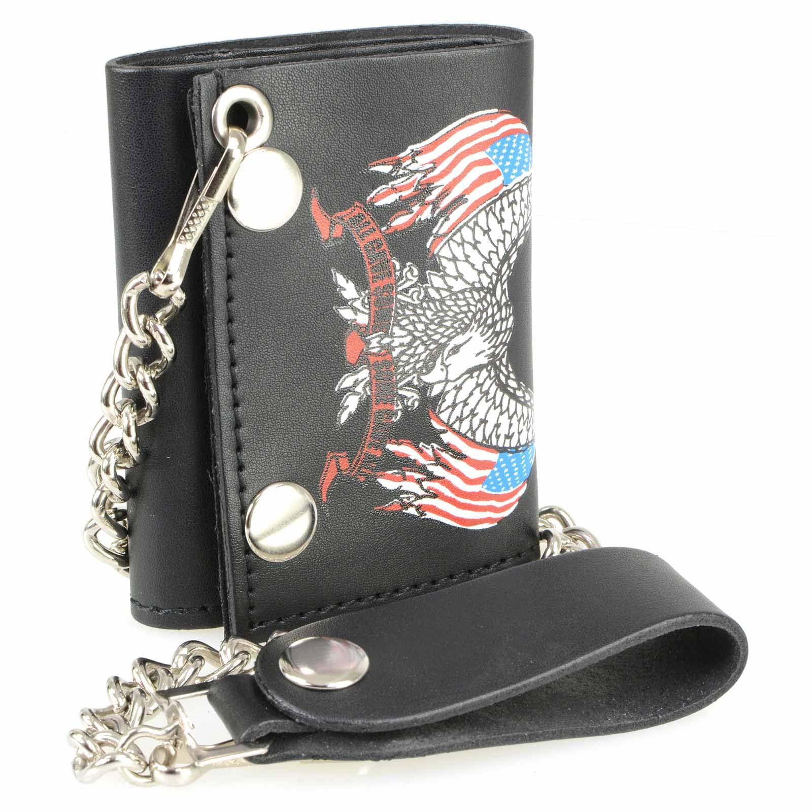 Milwaukee Leather MLW7837 Men's 4” Leather “Eagle w/Flag” Tri-Fold Wallet w/Anti-Theft Stainless Steel Chain - One Size