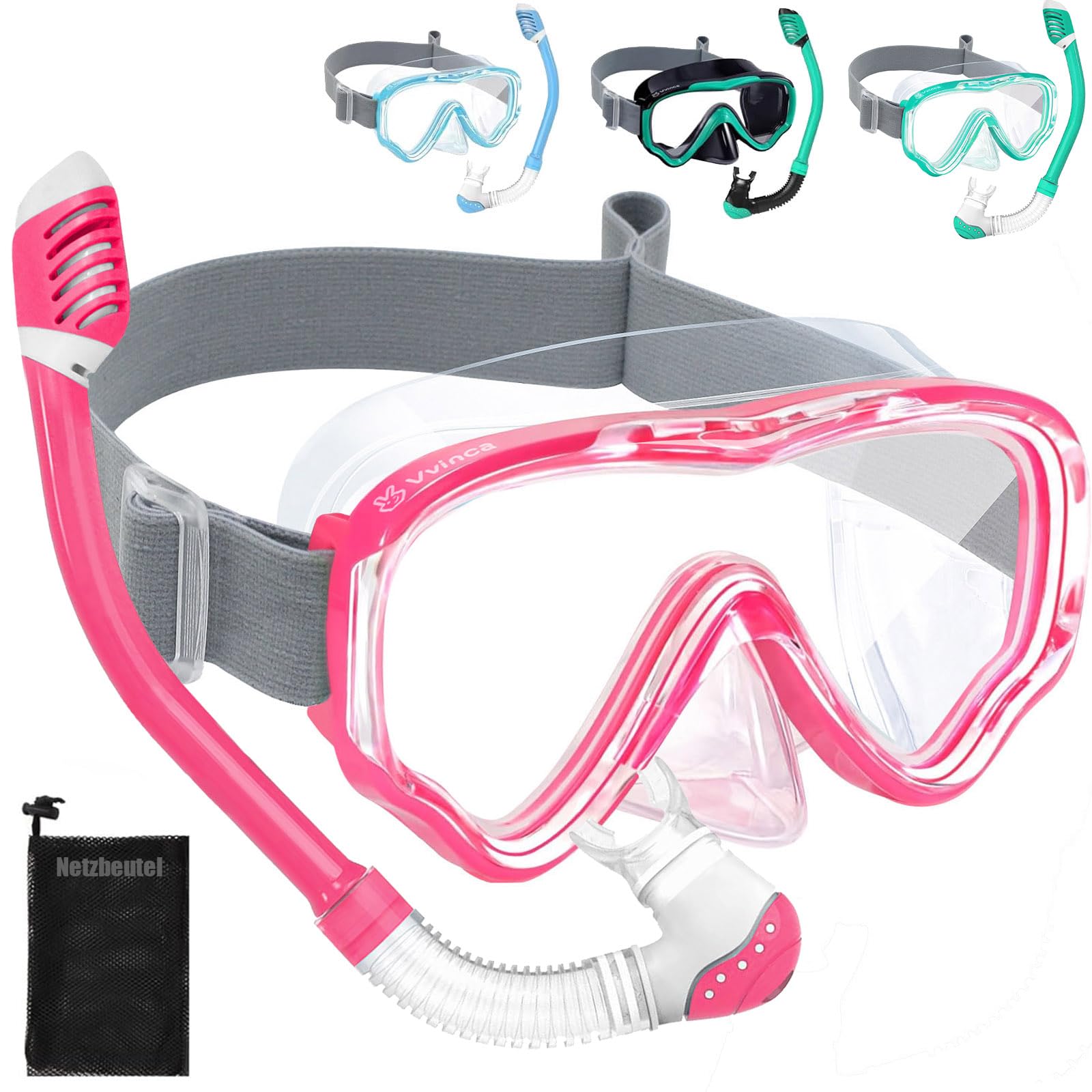 Vvinca Schnorchelset Kinder ab 4-14 Jahre Taucherbrille mit Schnorchel Tauchset Mädchen Jungs 180°Anti-Fog Anti-Leck Verstellbare Elastische Schwimmbrille Schnorchelmaske Dry Schnorchel Rosa
