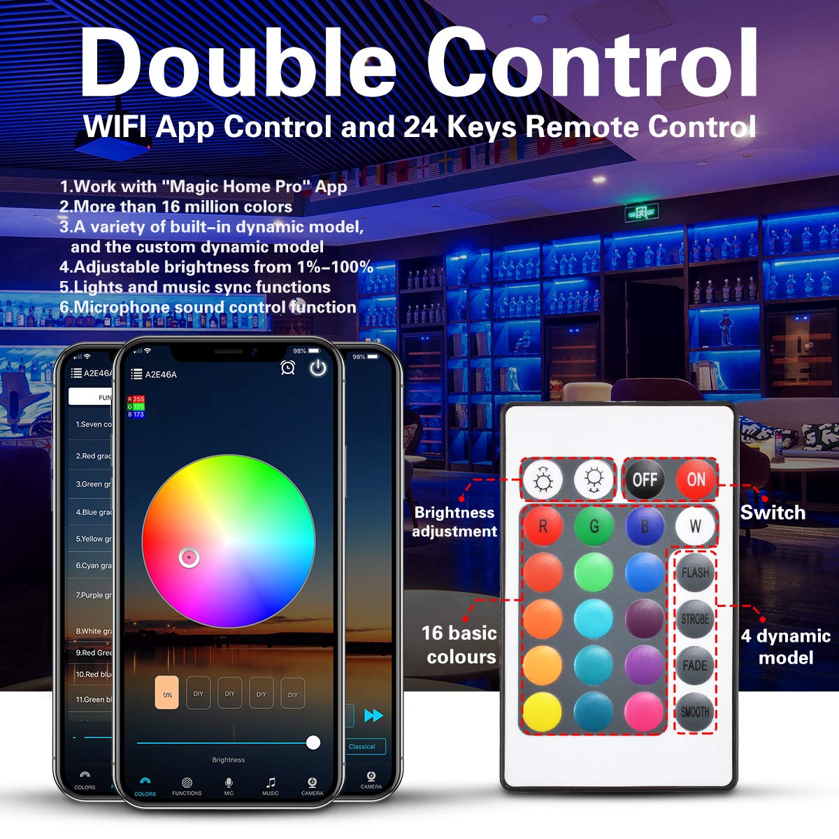 KATUR LED Strip Lights 16.4ft, Works with Alexa Google Assistant IP65 Waterproof 150 LEDs 5050 RGB, 16 Million Colors, Smart WiFi APP and 24 Keys Controller Control, Music Timed Dimmable Strip Lights