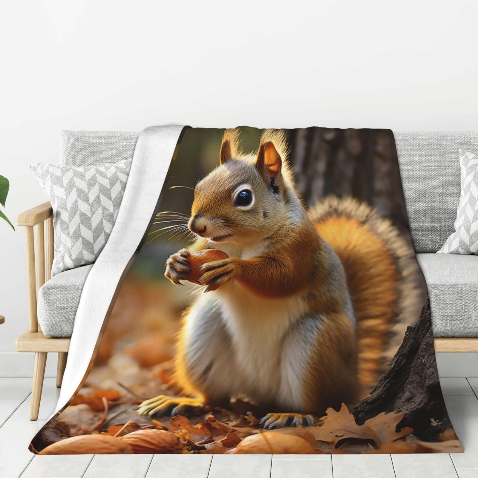 Cute Squirrel Eating Nuts Throw Blanket Plush Flannel Fleece Blanket, Soft Lightweight Cozy Blankets 50"X40" for Bed Couch Sofa Travel