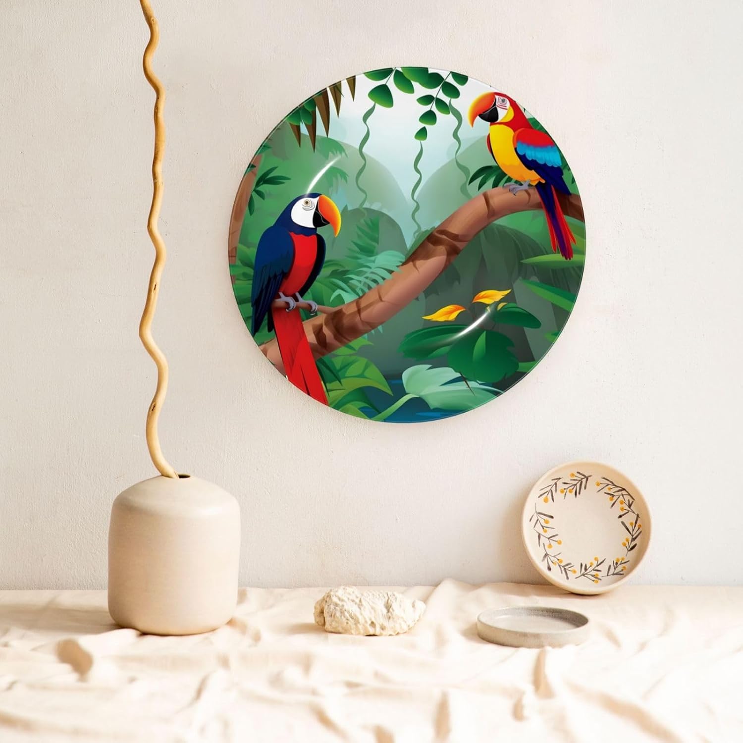 Bone China Decorative Plate with Display Macaw and Toucan Perching Ceramic Plates Crafts Art Decor Dessert Plate Ceramic Ornament Porcelain Plates for Living Room Kitchen Table Home Decor
