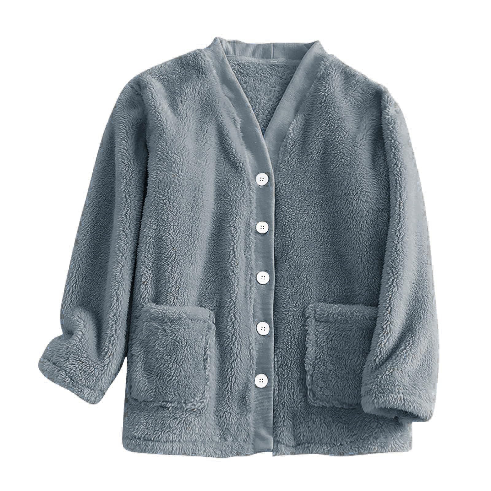 Fleece Cardigans For Women Cozy Warm Fuzzy V Neck Button Up Long Sleeve Womens Fleece Cardigan Fall Winter