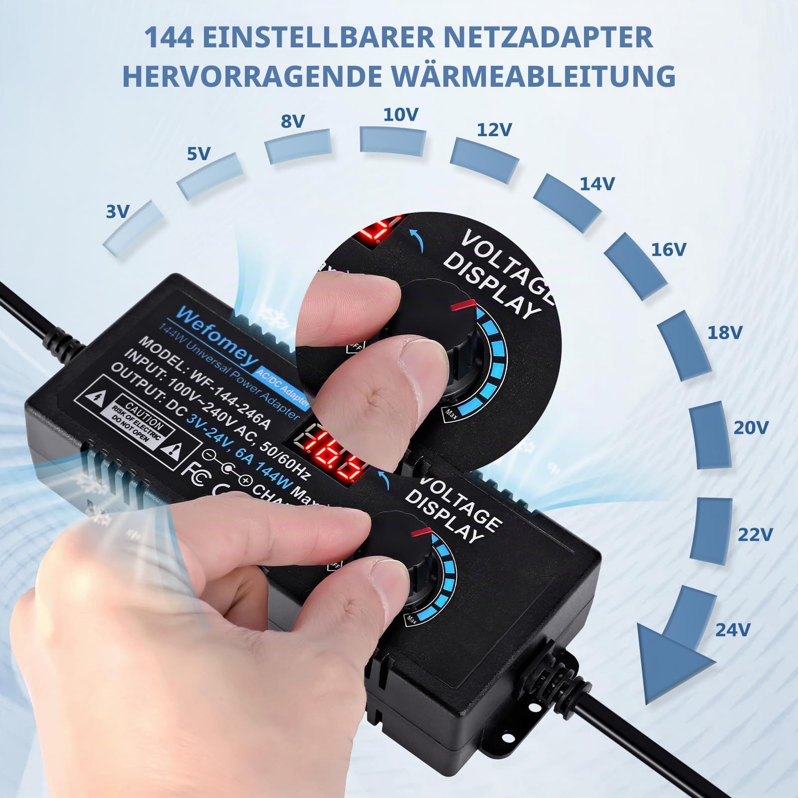 3V-24V 6A 144W Einstellbares Netzteil Universal Netzteiladapter Verstellbarer Netzadapter 100V-240V AC to DC mit LED Spannungsanzeige und 14 Tipps für Haushaltselektronik, 6000mA Max