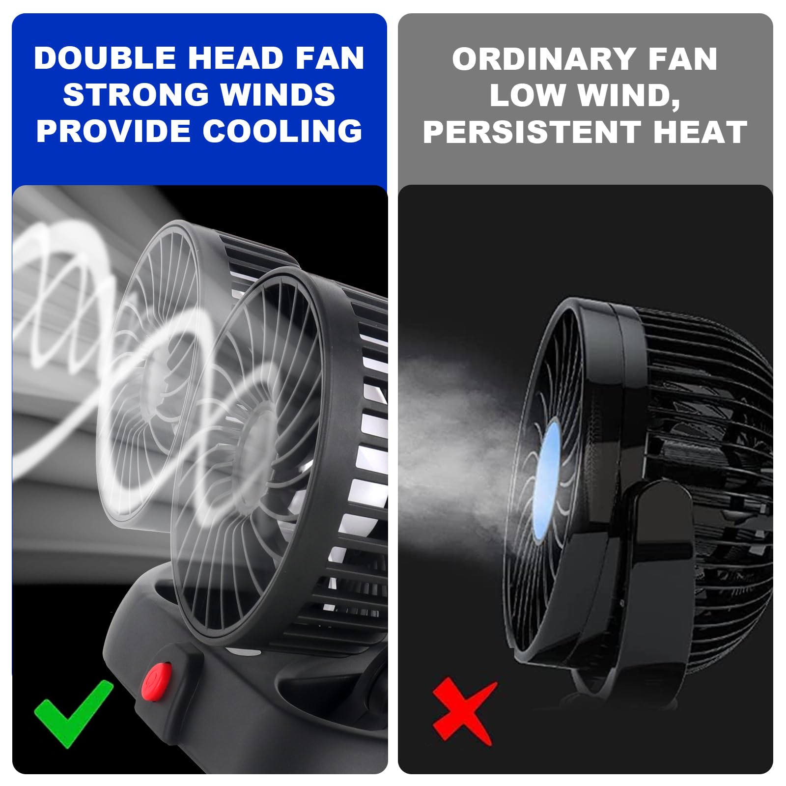 Ventilateur De Voiture, Ventilateur Voiture, Ventilateur Voiture USB, Ventilateur Double Tête, Rotation À 360°, 3 Modes De Puissance Réglables, Pour Voiture, Van, SUV, RV, Bateau (2-Tête)