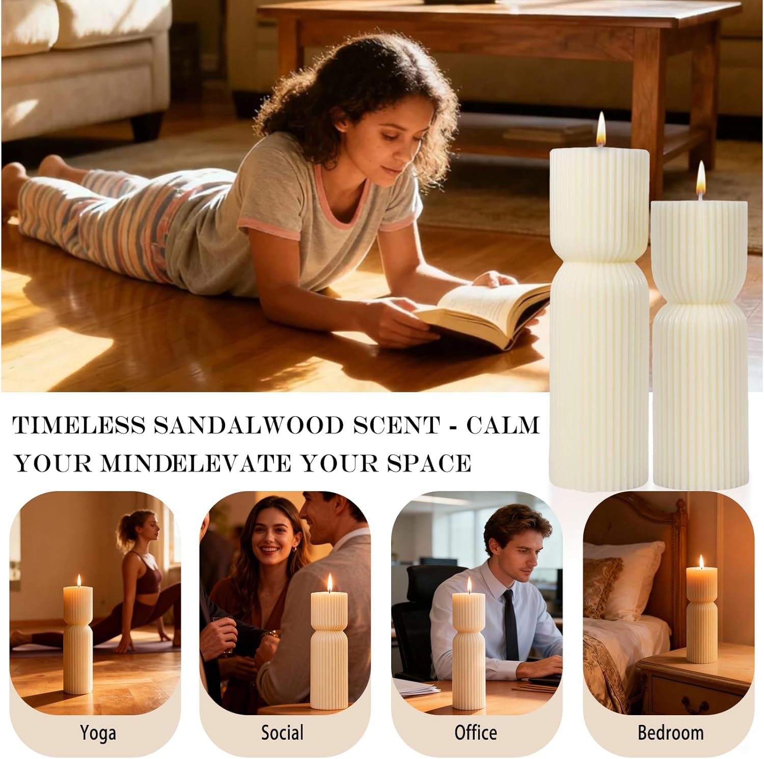 Cream White Ribbed Pillar Candles,Aesthetic Roman Column Scented Candles for Home Decor,Sandalwood Scented Natural Soy Wax, Decorative Sculptural Candle for Housewarming Gift,Stress & Anxiety Relief