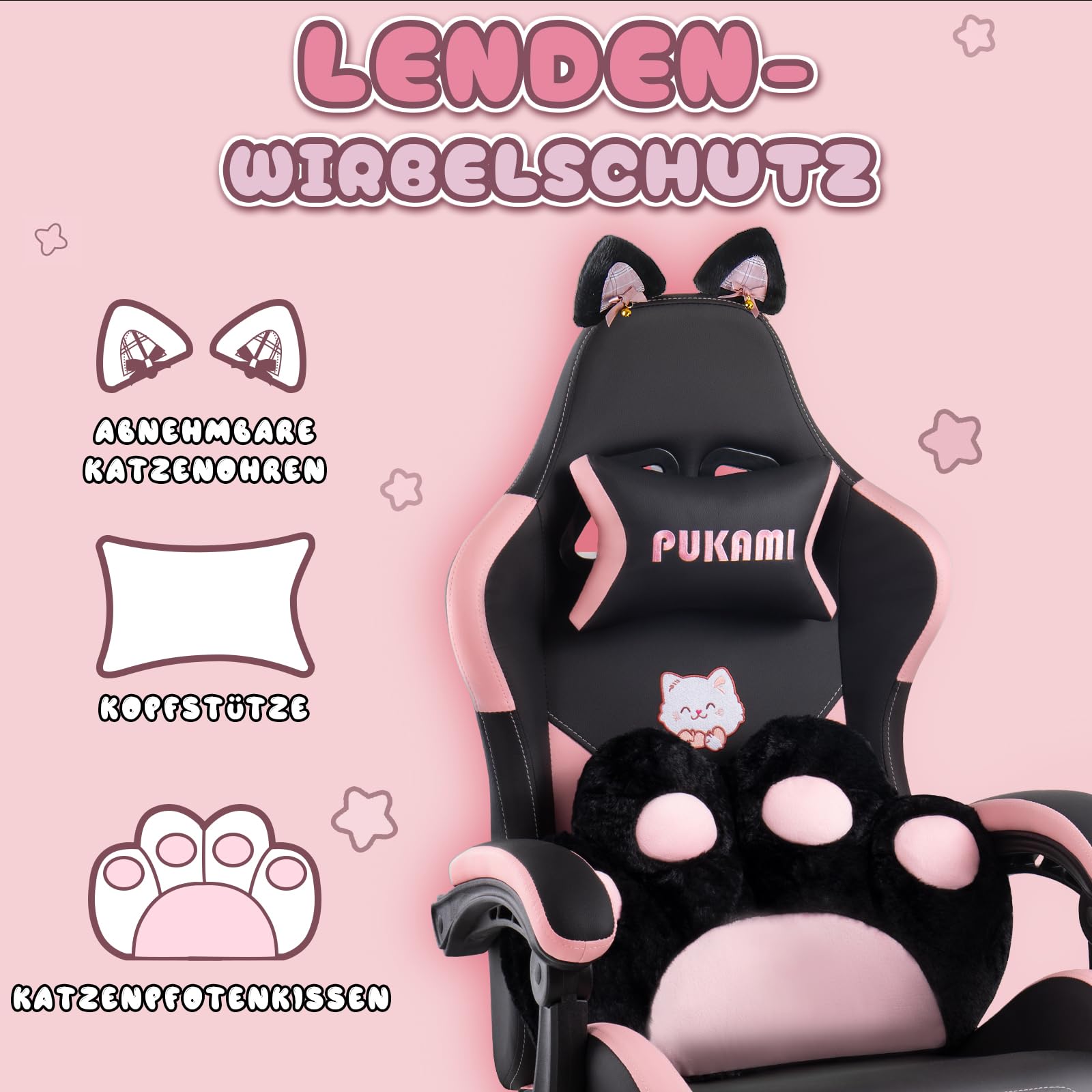 Waleaf Gaming Stuhl mit Fußstütze, Ergonomischer PC-Stuhl, Gamer Sessel aus Leder mit Lendenkissen Kopfstütze, Verstellbarer und Drehbarer Schreibtischstuhl für Erwachsene, Teenager, 140KG, Schwarz