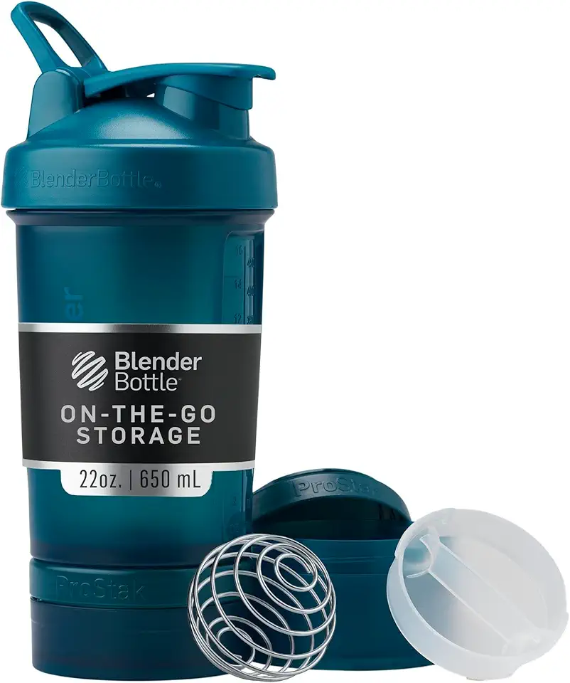 BlenderBottle Coqueteleira com organizador de comprimidos e armazenamento para proteína em pó, sistema clássico V2 ProStak, 650 ml, azul oceano