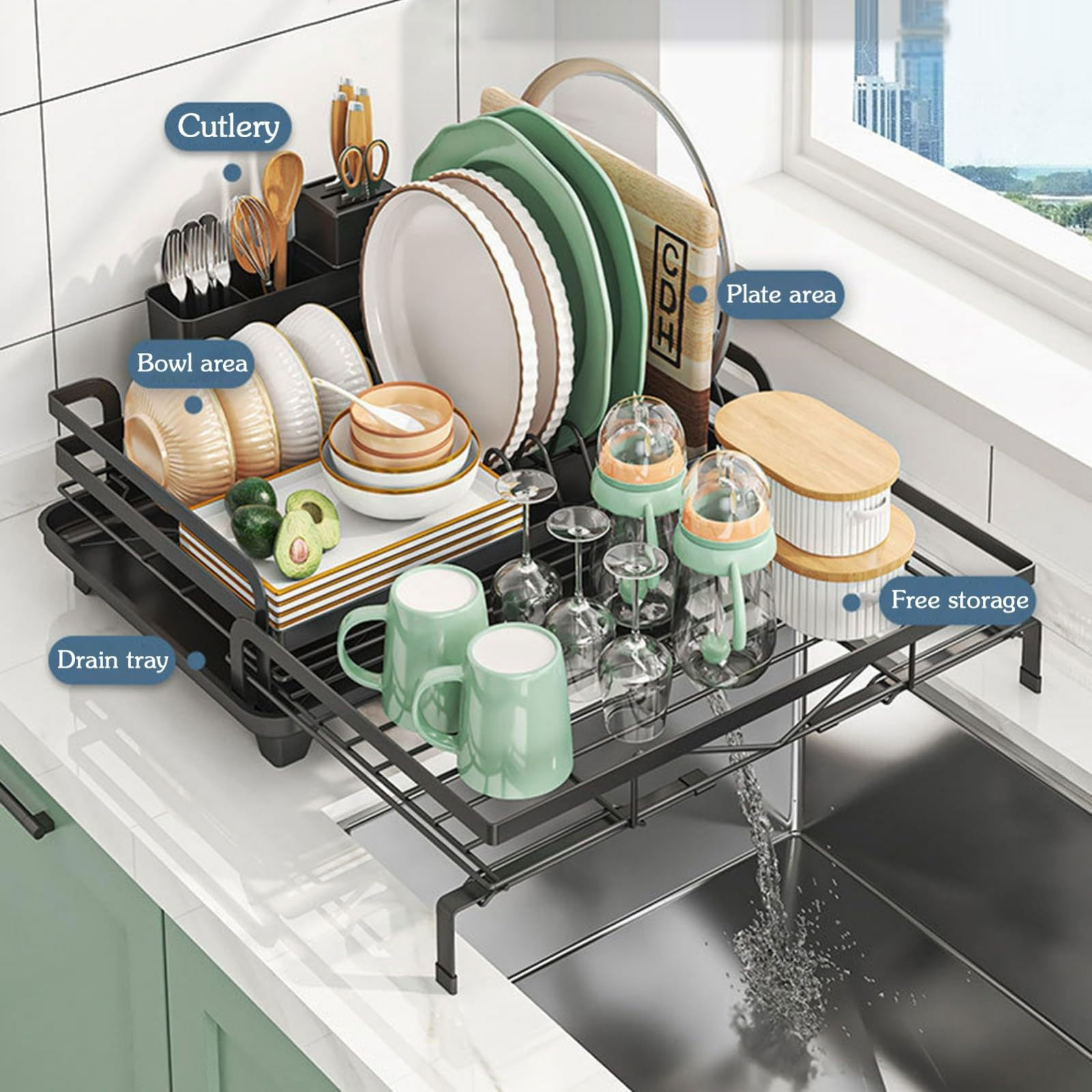 Escurridor de Platos Extensible Acero al Carbono Escurridor de Platos con Bandeja Recogegotas y Portacubiertos Secador Boquilla Extensible y Giratoria 360° Ahorra Espacio Secaplatos