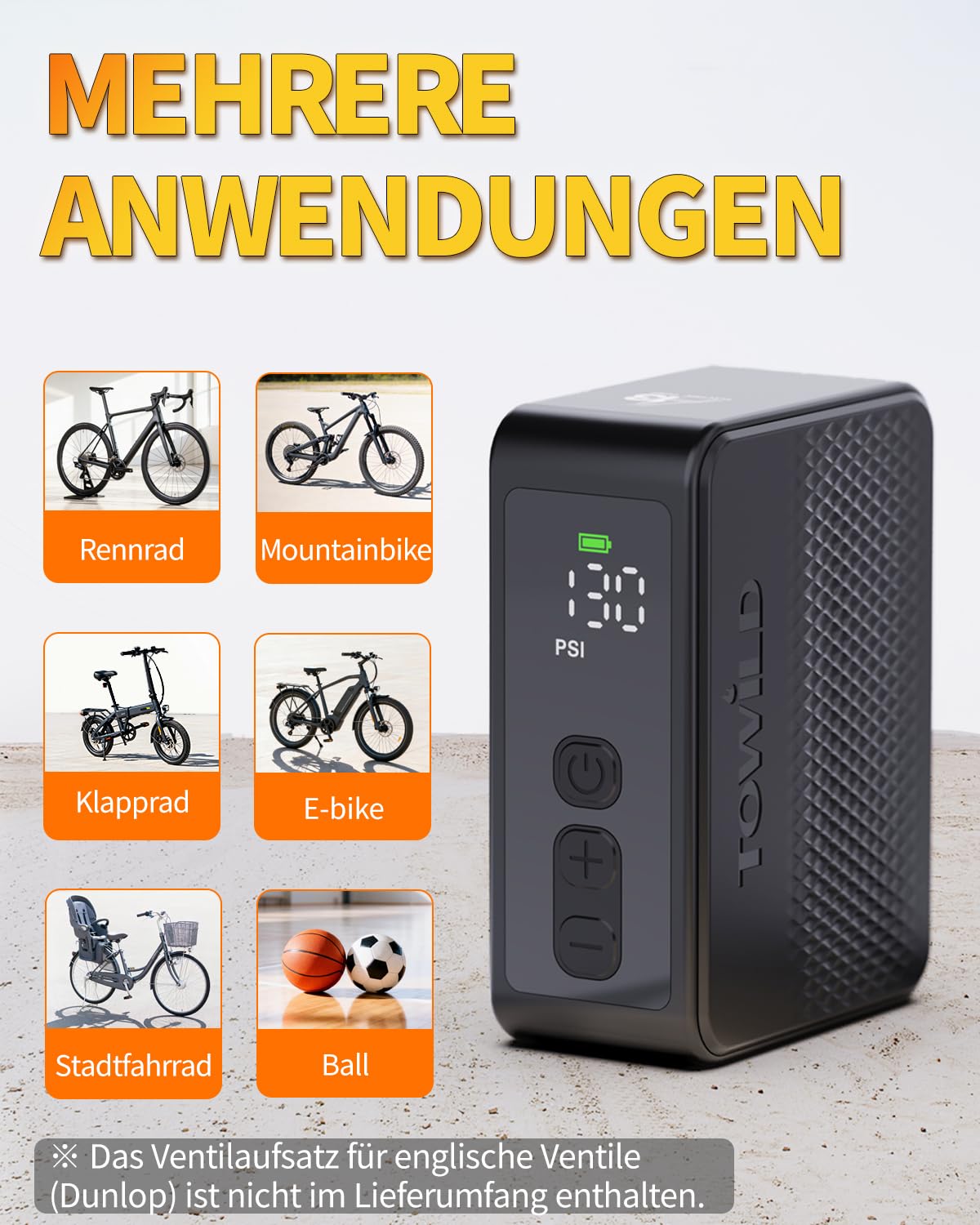 TOWILD A13 Akku Luftpumpe Fahrrad Elektrisch 130 PSI Tiny Fahrradpumpe mit Digitalem Manometer Automatische Abschaltung Elektrische Luftpumpe mit Presta- und Schrader-Ventil für E-Bike, MTB Rennrad