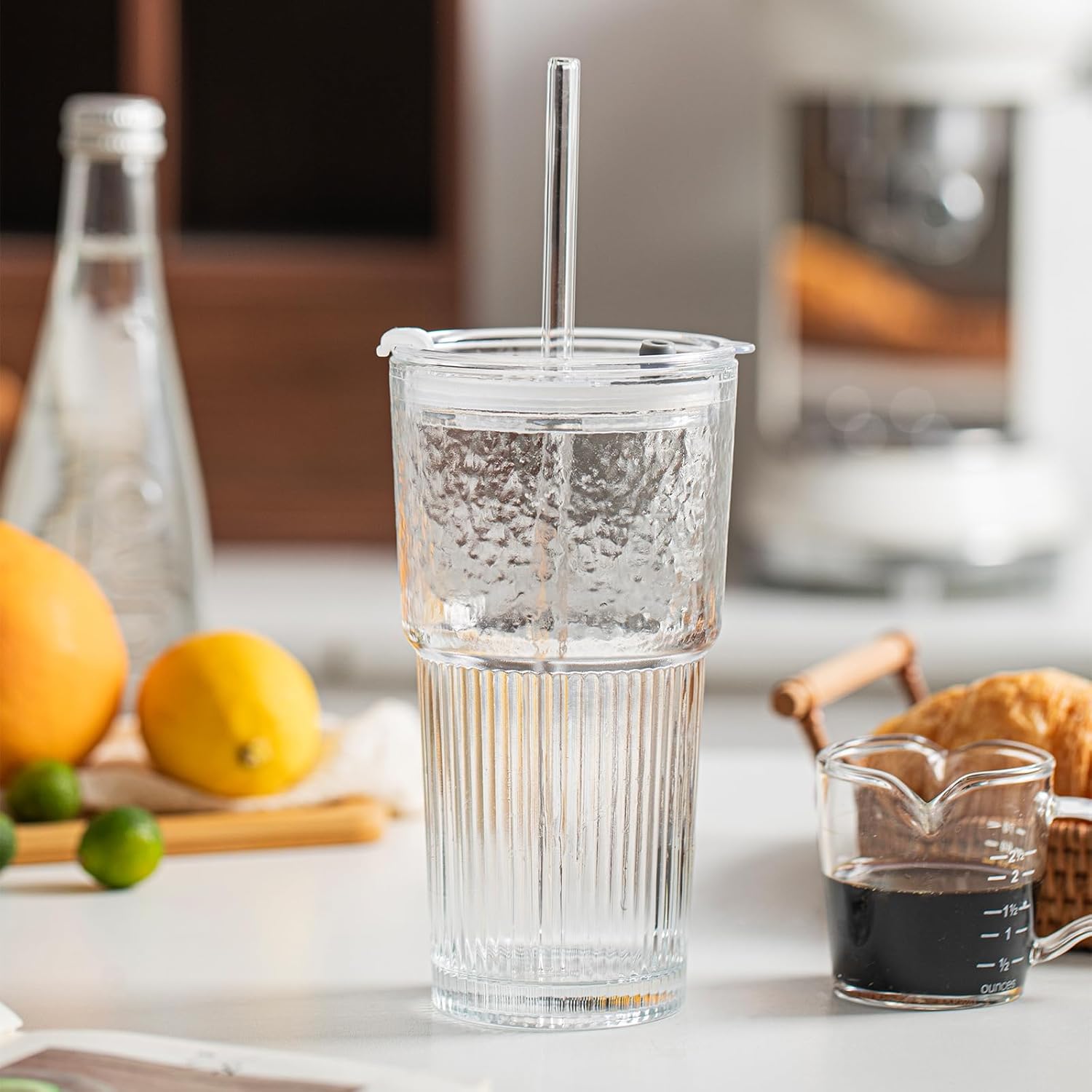 INSETLAN 530ml Glass Cups with Straws & Straw Cleaner, Set of 4, Clear Ribbed Drinking Glasses with Plastic Lids for Water, Juice, Iced Coffee & Smoothies, Dishwasher Safe - Image 7