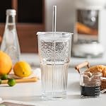 INSETLAN 530ml Glass Cups with Straws & Straw Cleaner, Set of 2, Clear Ribbed Drinking Glasses with Plastic Lids for Water, Juice, Iced Coffee & Smoothies, Dishwasher Safe