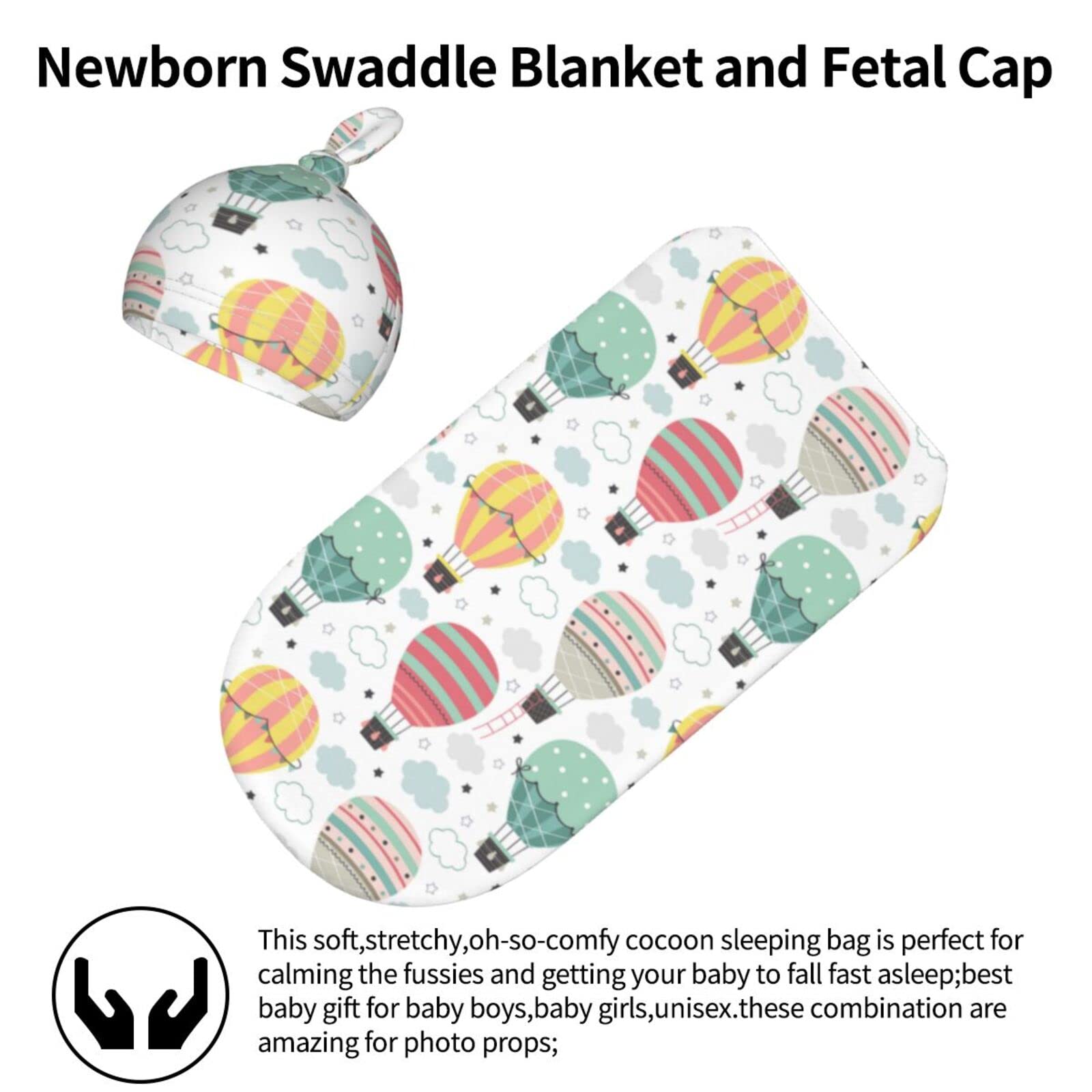 Hot Air Balloon Baby Swaddle Blanket & Hat Set - Soft Stretchy Sleep Sack For Newborns 0-6 Months