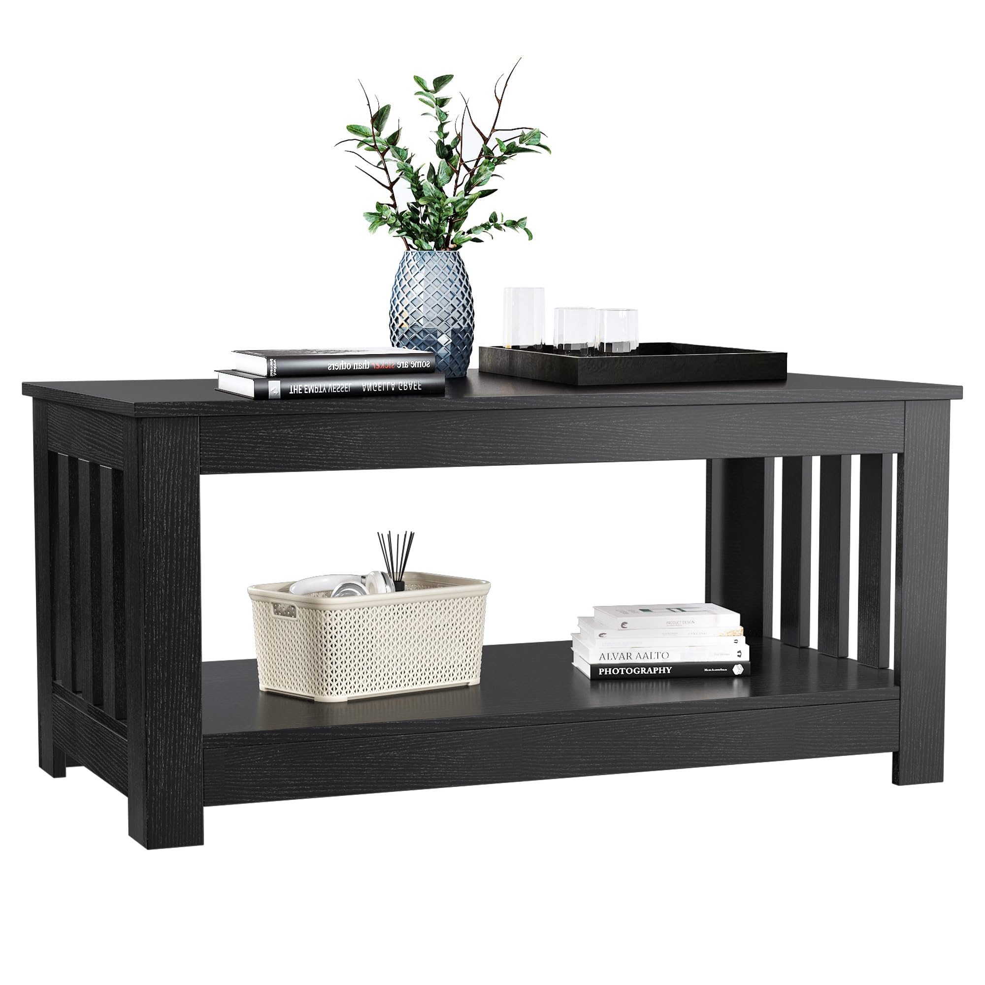 ODIKA Black Coffee Table, Wood Coffee Tables for Living Room, 2-Tier Rectangular Small Coffee Table Black, Living Room Tables, Sturdy Frame, Easy Assembly