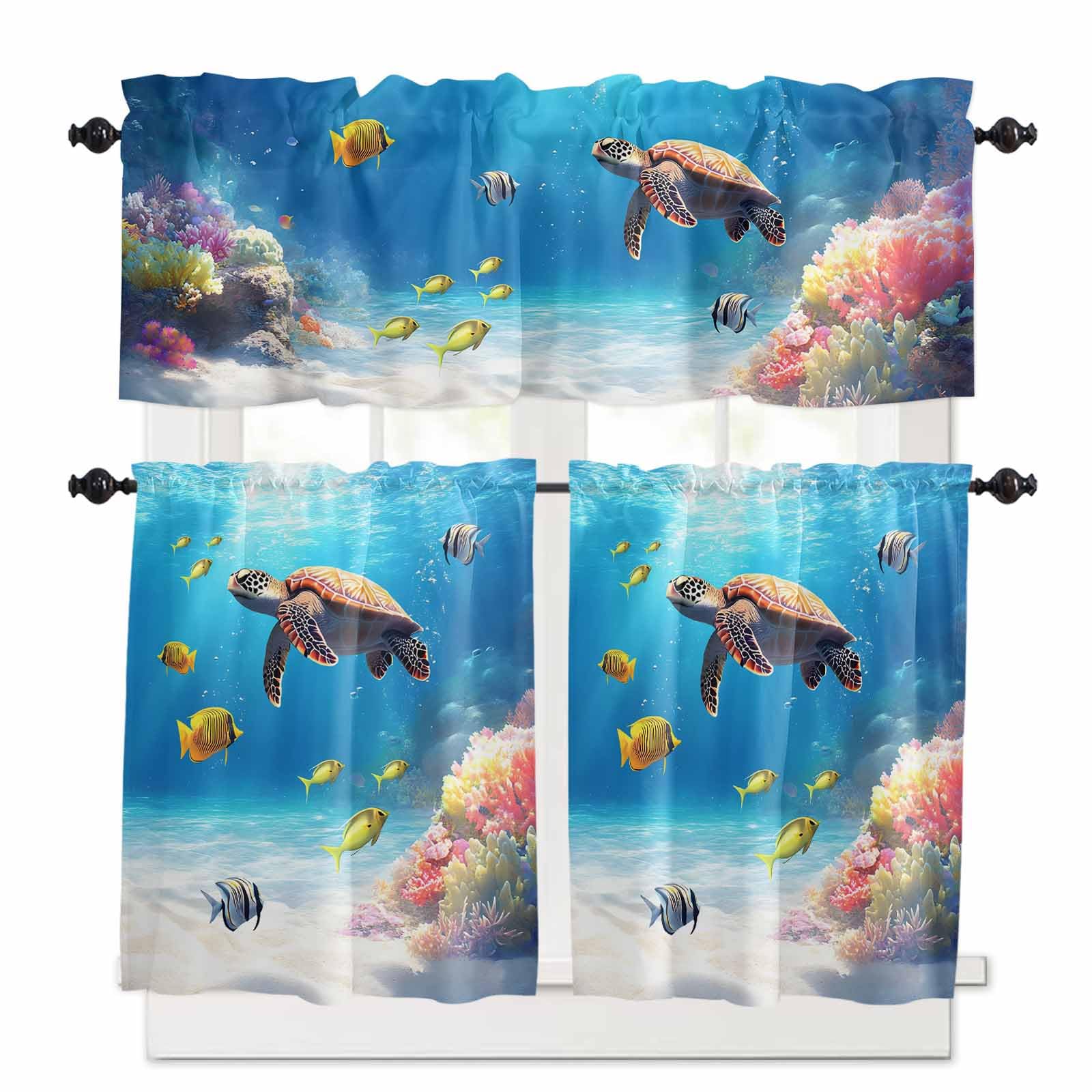Sea Turtle Coastal Kitchen Curtains 36 Inch Length, 3 Piece Rod Pocket Small Half Tiers and Valance Set, Summer Beach Coral Ocean Fishes Small Large Window Treatment Decor for Bedroom/Bathroom Sink