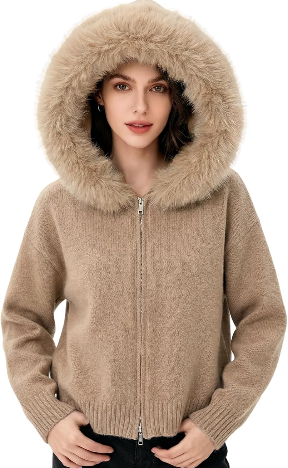 Yimoon Faux Fur Hooded Cardigan Sweaters for Women Open Front Zip Up Chunky Knit Cardigan with Fur Hood