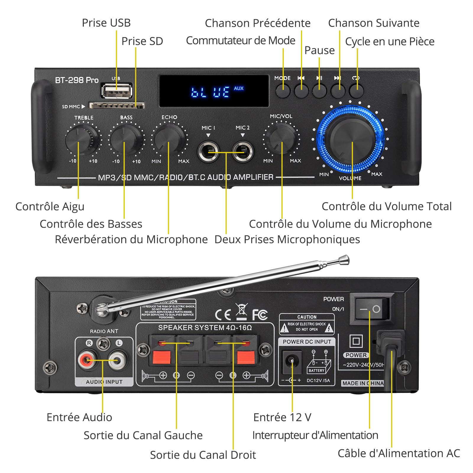 PROZOR Amplificateur Audio Amplifi Hi-F Stéréo Bluetooth avec 2 MIC Réglag Aigu/Basse/Echo Amplifi de Son Carte SD USB FM Entrée Ampli Bluetooth avec Télécommande 230V/12V pour Maison/Voiture