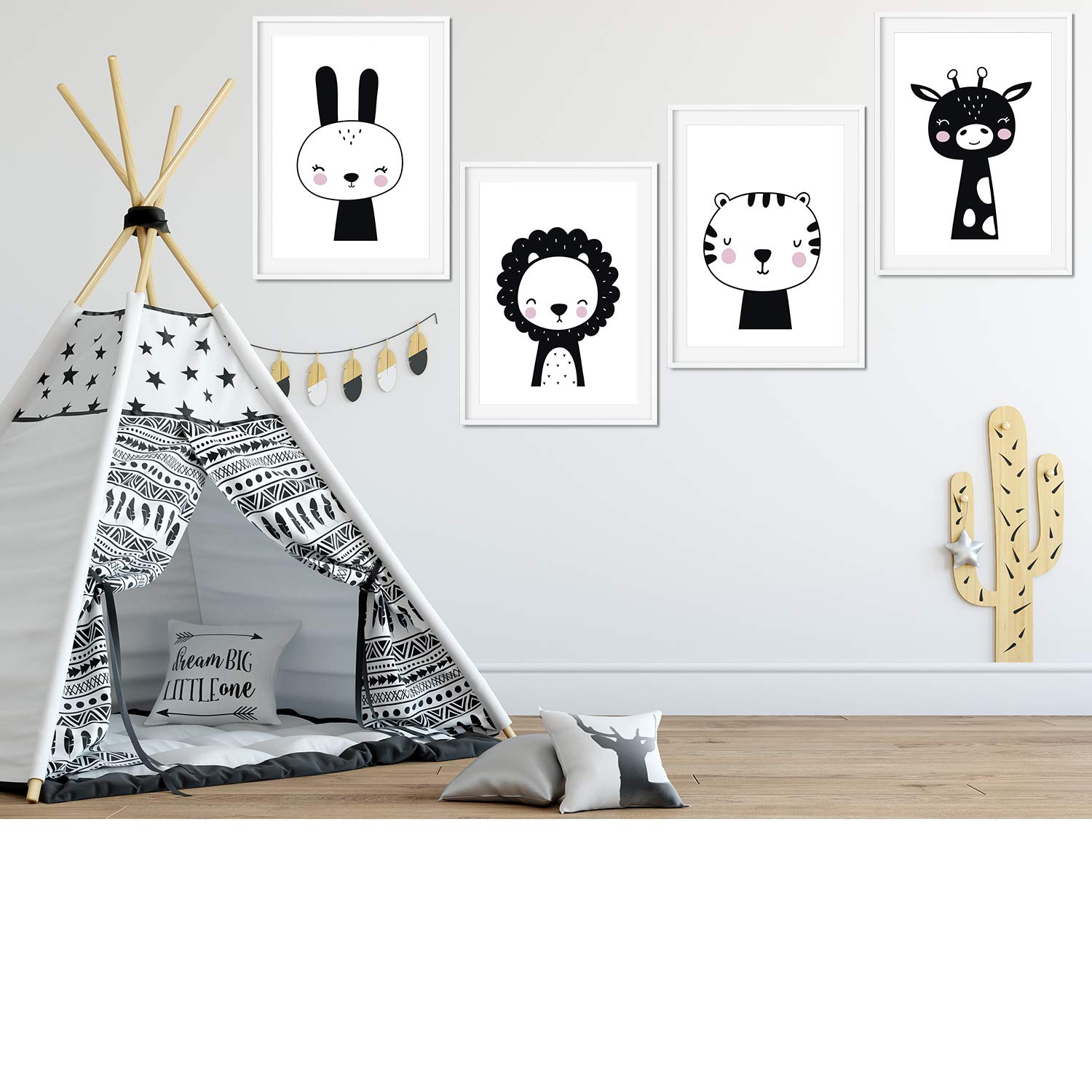 Nacnic Set of 4 posters for children and children's room Scandinavian style black and white A4 unframed Animals