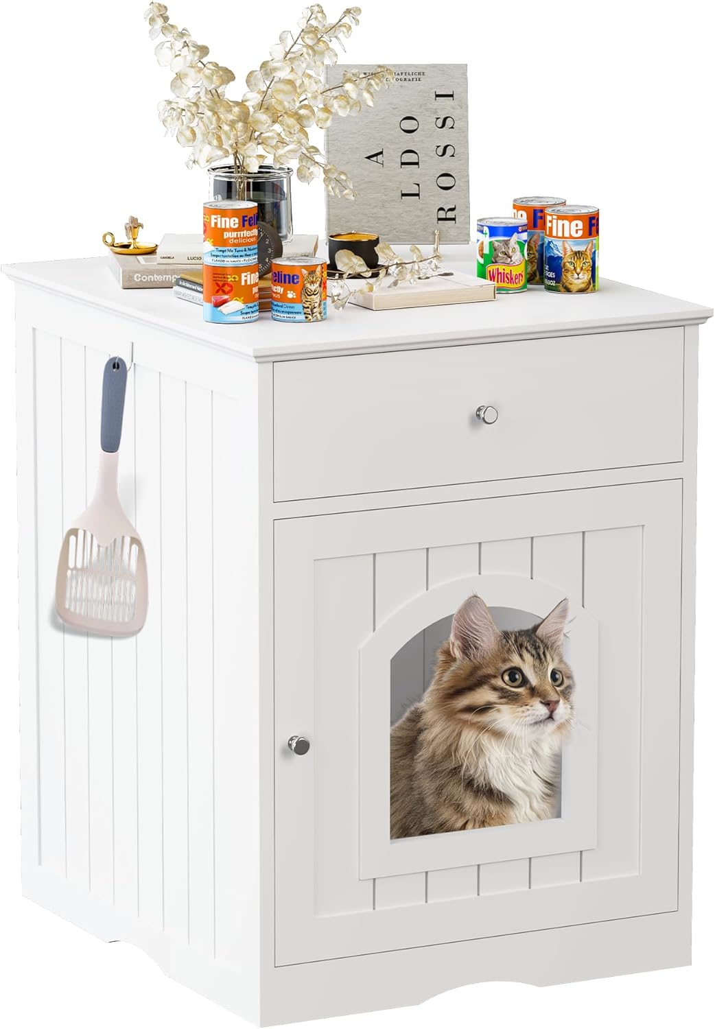 Litter Box Enclosure, Hidden Cat Litter Box Cabinet with Drawer, Wooden Pet Crate, Litter Box Furniture as Cat House, End Table, Fit Most of Litter Box (White)