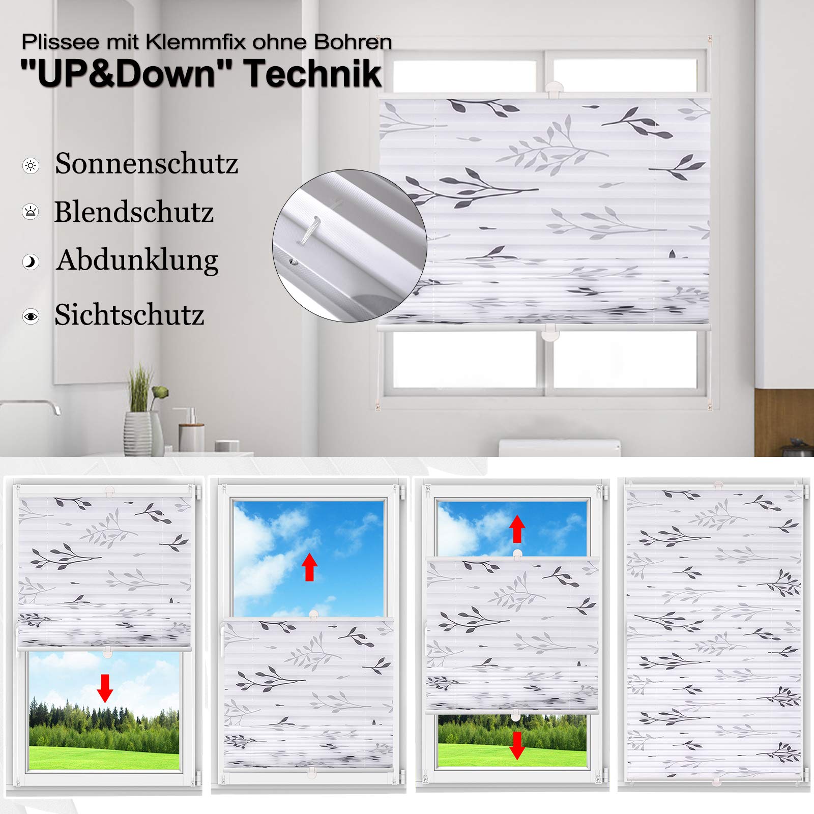 WOLTU Store Plissé sans Perçage, Store pour Fenêtre & Porte, Facile à Installer, Opaque, Protection de la Vie privée, Protection Solaire, Décoration Moderne pour Chambre,105x130cm,Blanc(Matt