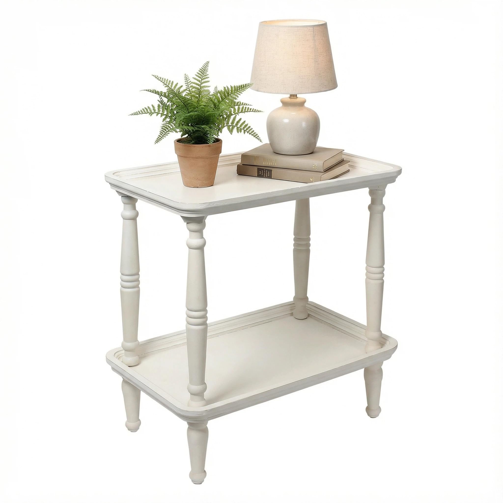 SOFE Rustic Small End Table White, Natural Wood Bedside Table for Small Spaces, Skinny Nightstand Accent Tables with Storage Shelf, 2 Tier Side Table