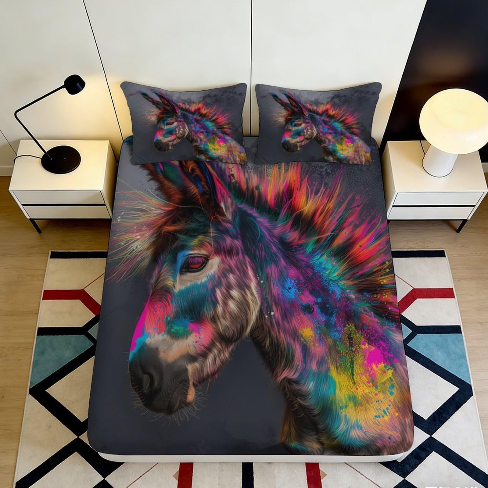 3D Printed Colorful Donkey Fitted Sheet Microfiber Soft Non-Slip Mattress Cover for Bedroom Guest Room Dorm Decor 120x200x25cm