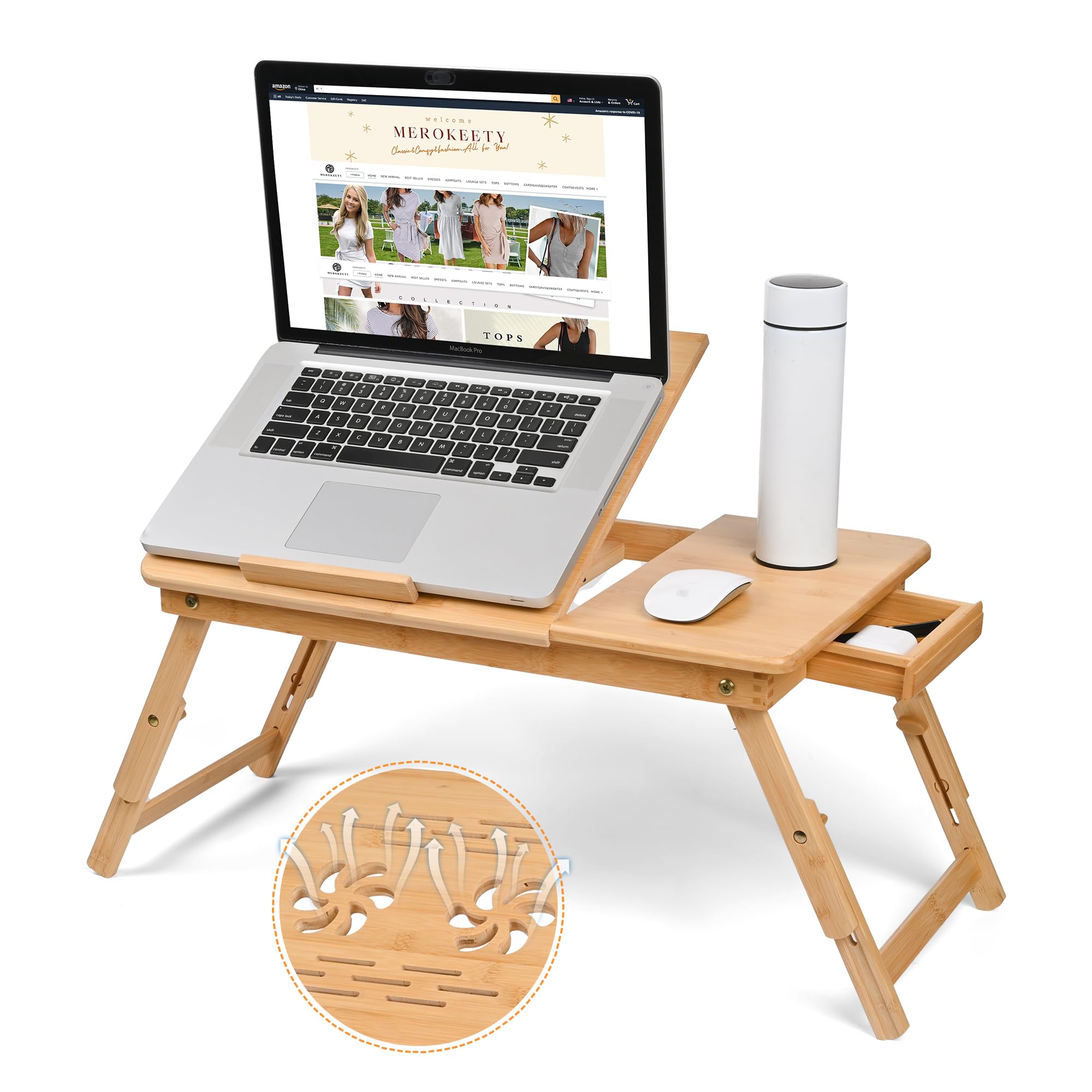 VASMIA Tavolino da Letto,Tavolo Pieghevole PC Portatile, Supporto con Altezza Regolabile in bambù,Vassoio Letto per Colazione, Lavorare, Leggere, Scrivere, Guardare Film, Naturale