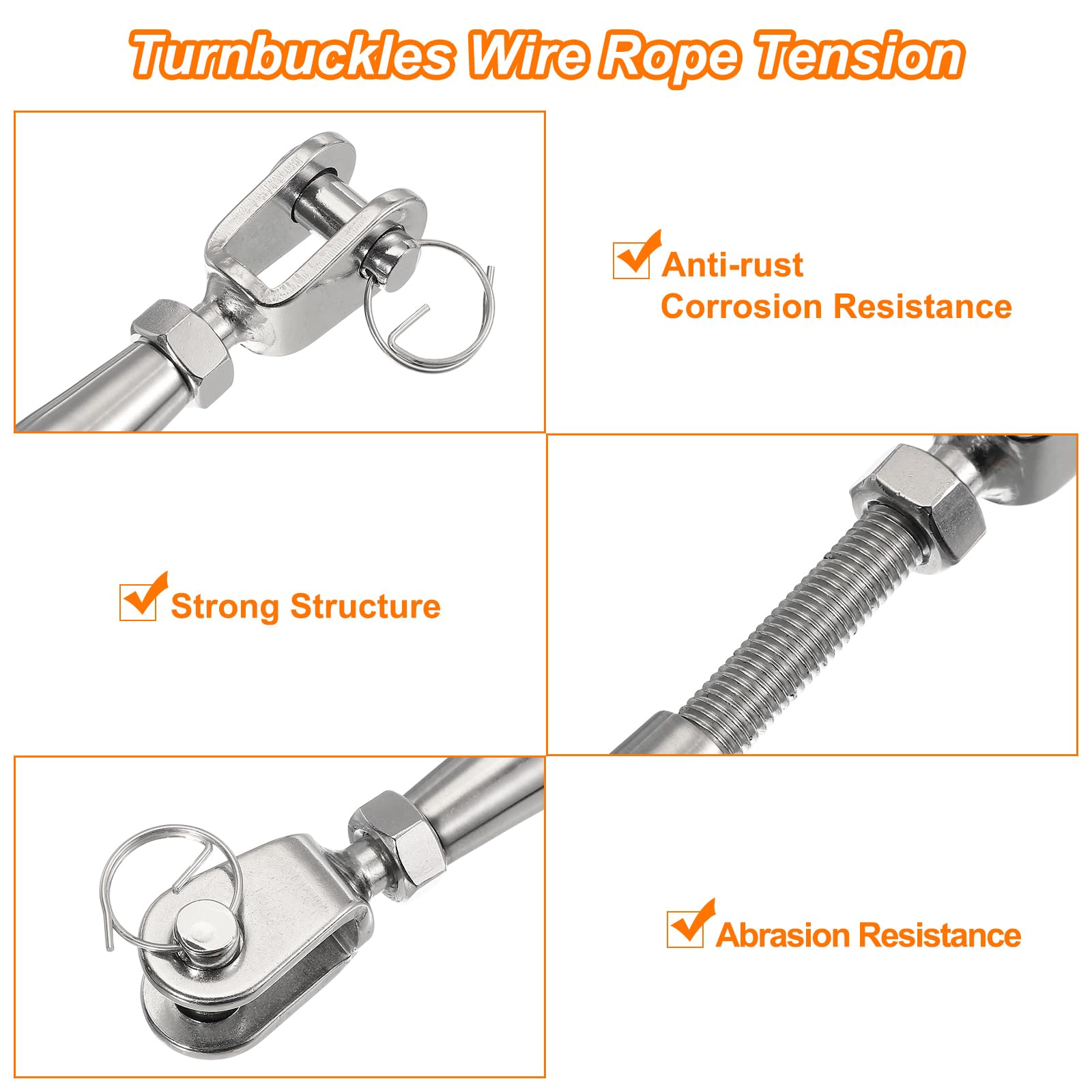 QUARKZMAN 4Pcs M16(5/8") Corpo Chiuso Giunto e Giunto Tirafili per Tensione Cavo, Tirafili in Acciaio Inossidabile Regolabile, Limite di Carico Lavorativo 5300Lbs