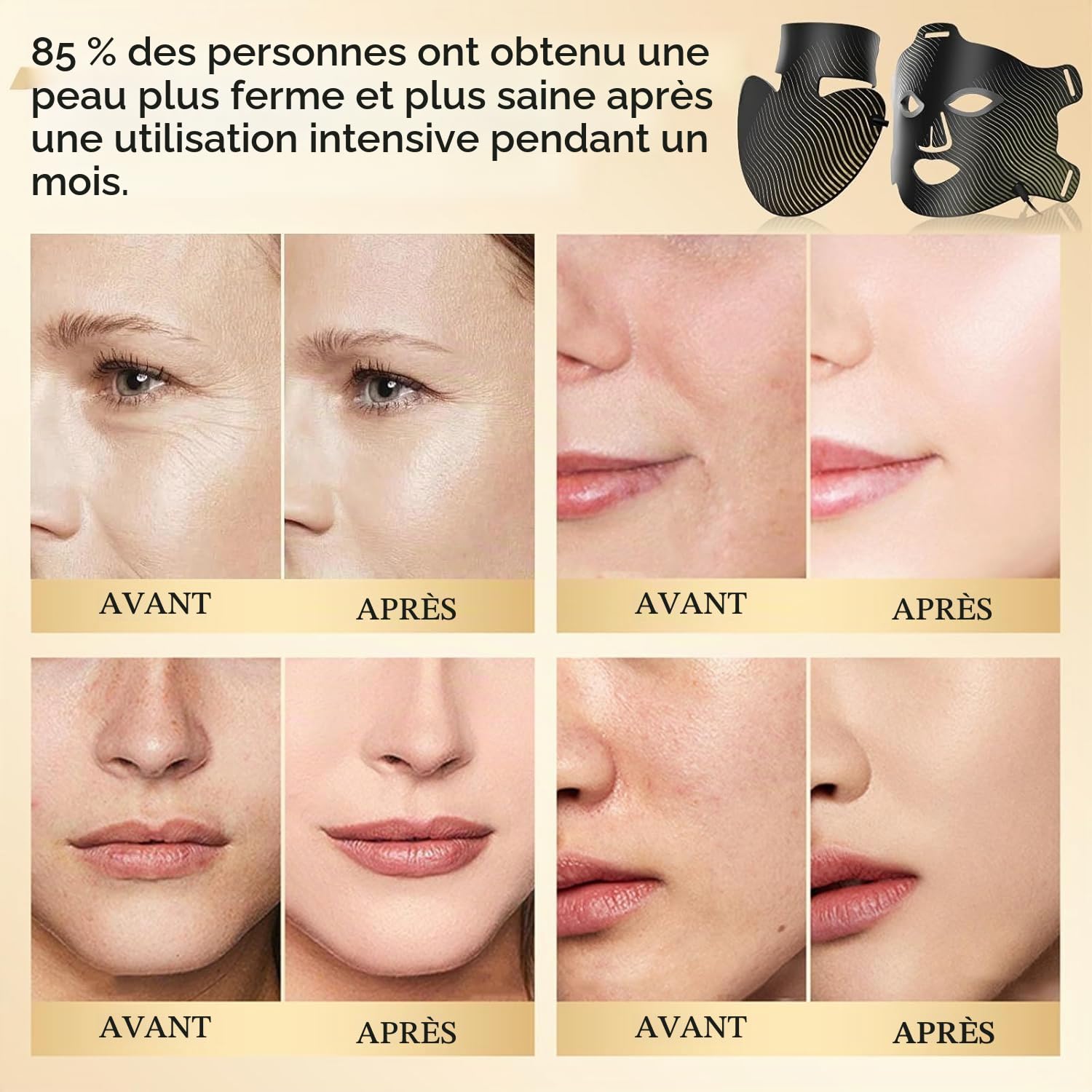 Masque de luminothérapie LED pour le visage et le cou, 4 modes, masque facial infrarouge avec thérapie à la lumière rouge, masque lumineux LED en silicone, anti-âge pour tous les types de peau